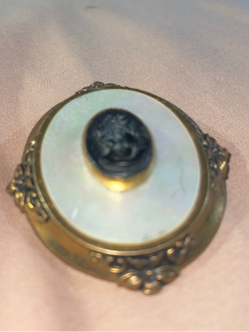 Gold-Tone Mother-of-Pearl Button Brooch with Black Cameo Accent